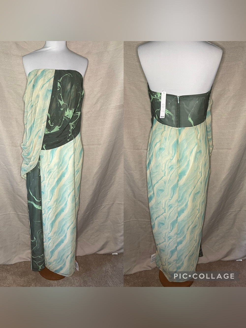 ASOS Strapless Draped Maxi Dress in Mint and Dark Green Abstract
